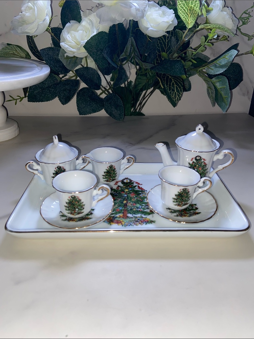 Vintage Porcelain Mini Tea Set with Christmas Tree Motif Made in Japan Beautiful